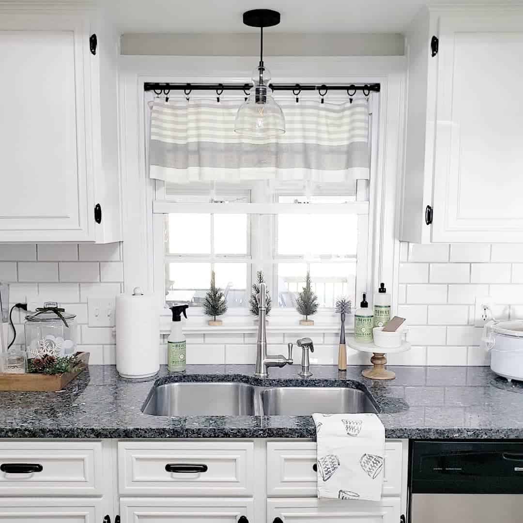 Black and White Kitchen With GrayStriped Window Valance Soul & Lane