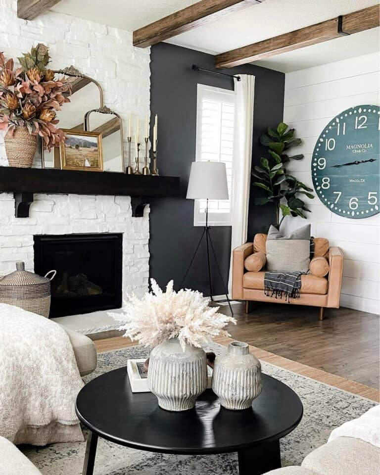 Black and White Living Room With Ceiling Beams