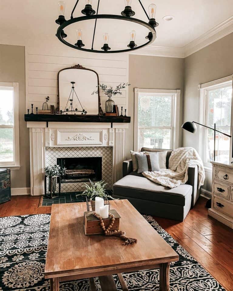 Black and White Living Room With Shiplap Fireplace