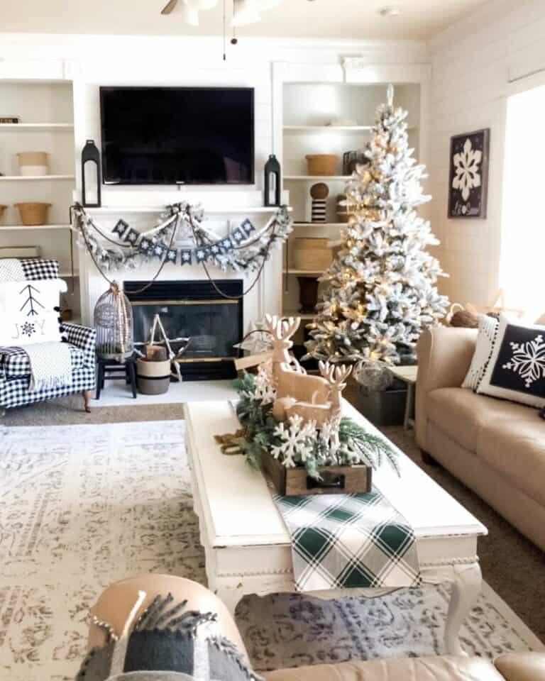 Black and White Ornaments Throughout Living Room