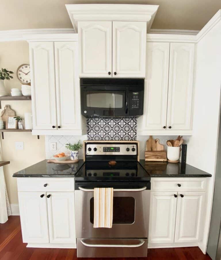 Black and White Patterned Backsplash Behind Stove