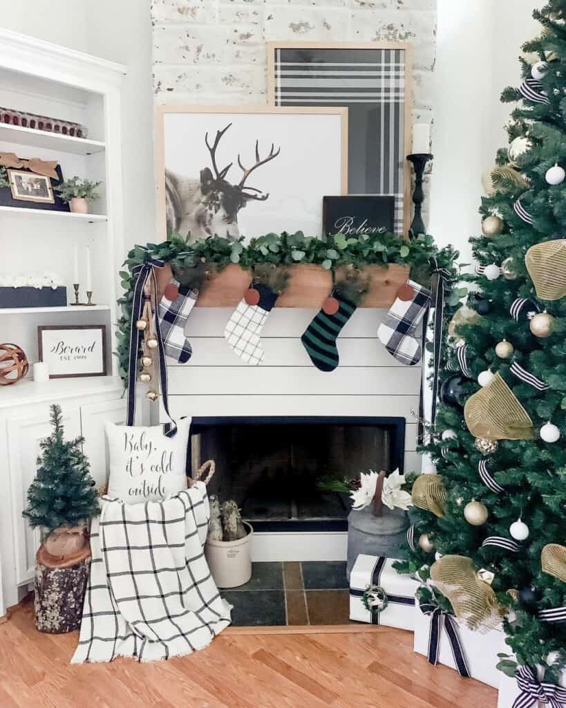 Black and White Plaid Christmas Fireplace with Green and Gold Accents
