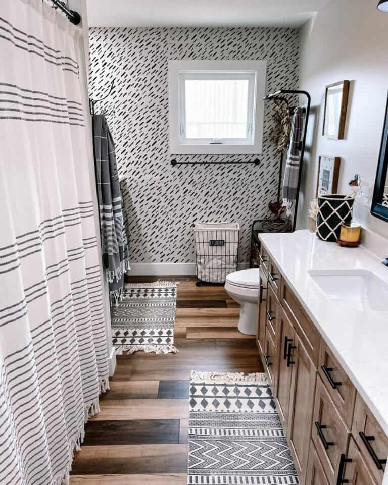Black and White Wallpaper in Farmhouse Bathroom