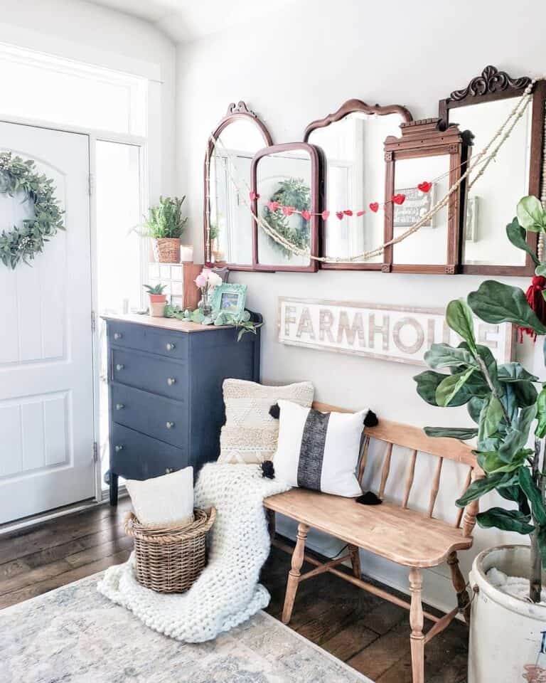 Blue Dresser Entryway with Wood Bench