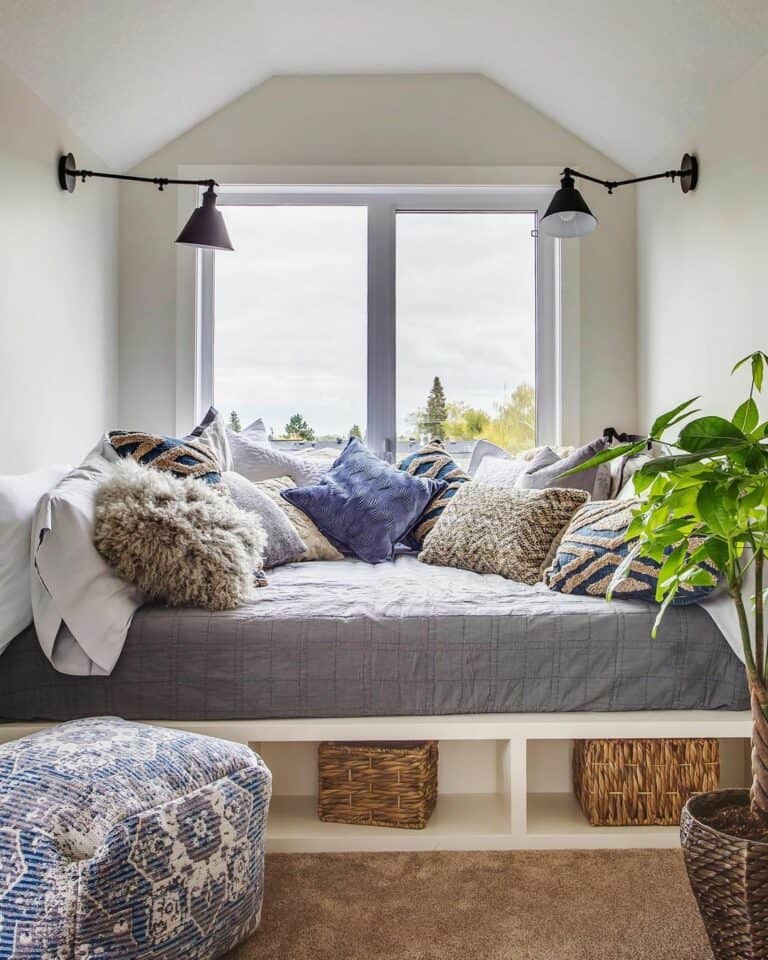 Blue and Gray Modern Bed in Front of Window