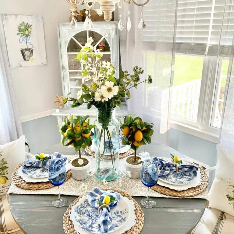 Blue and White Dining Room with Lemon Topiaries