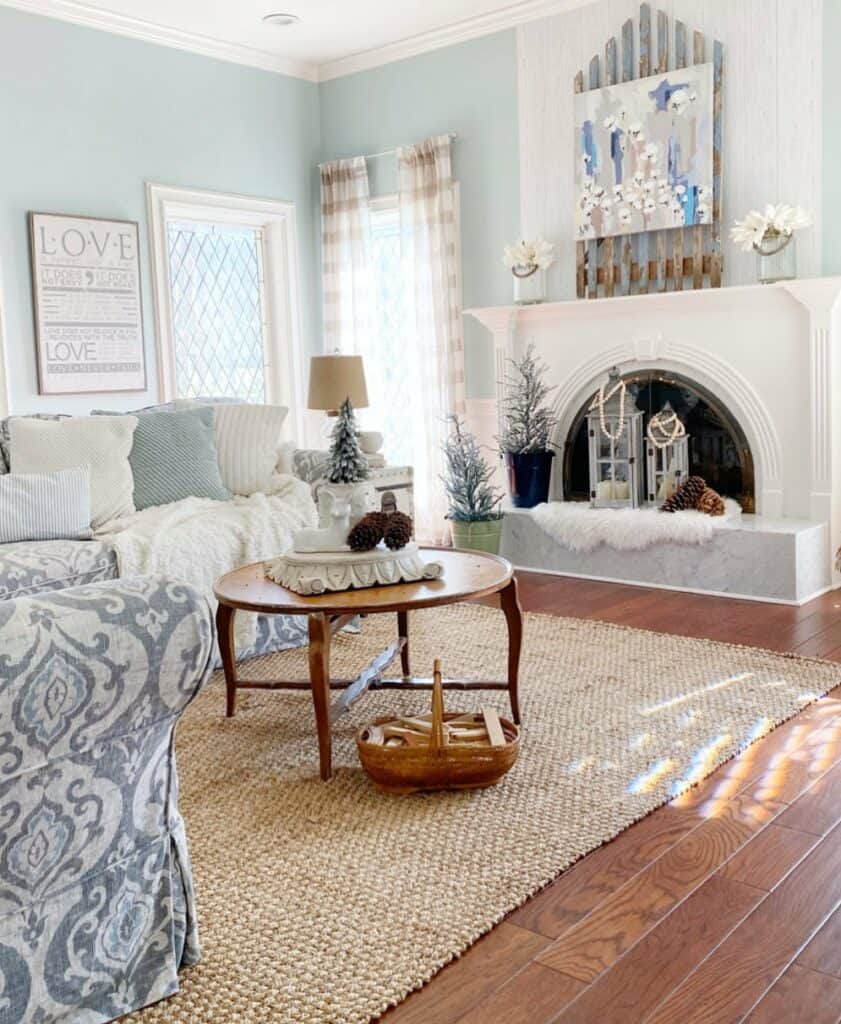 Blue and White Living Room with Jute Rug