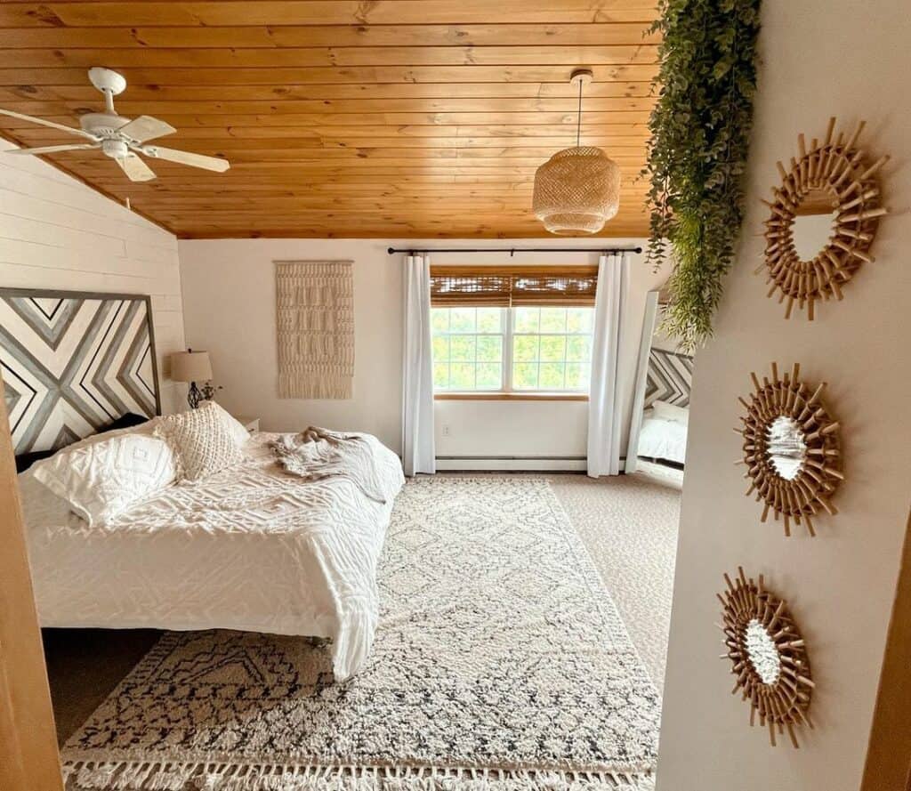 Boho Bedroom With Tongue and Groove Ceiling Design