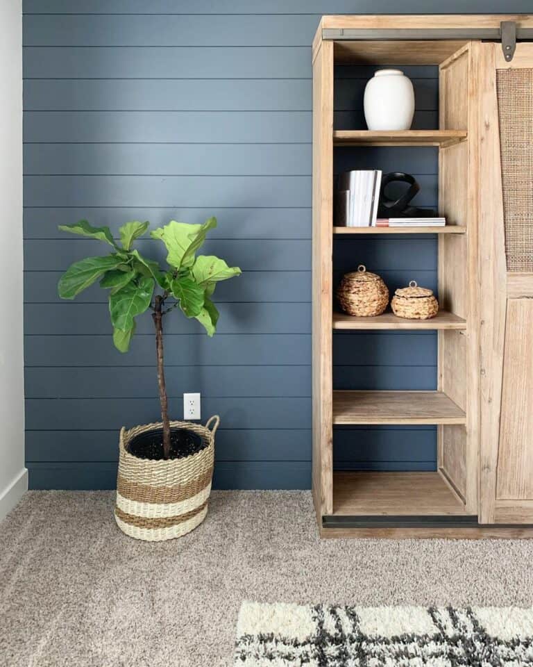 Boho Living Area with Dark Grey Shiplap Accent Wall