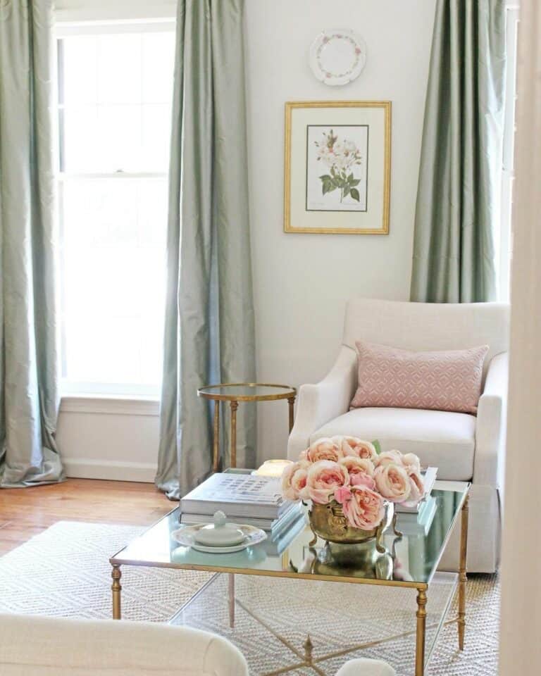 Brass Tables and Mint Green Drapes