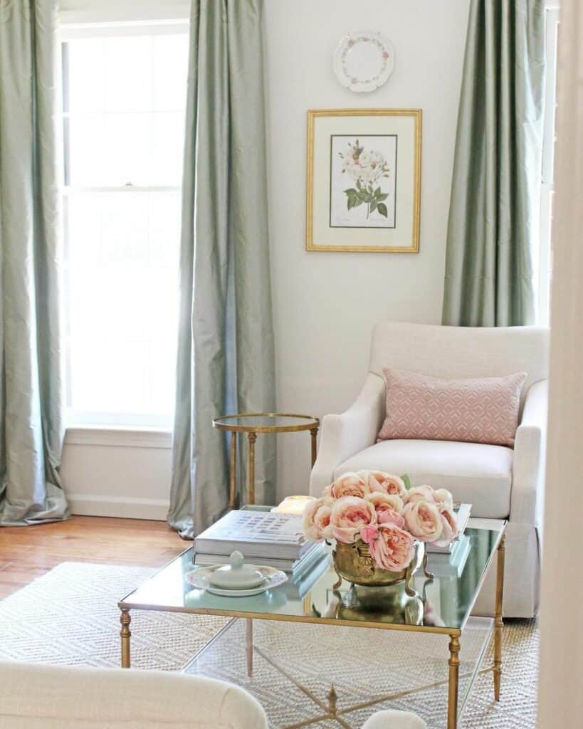 Brass Tables and Mint Green Drapes
