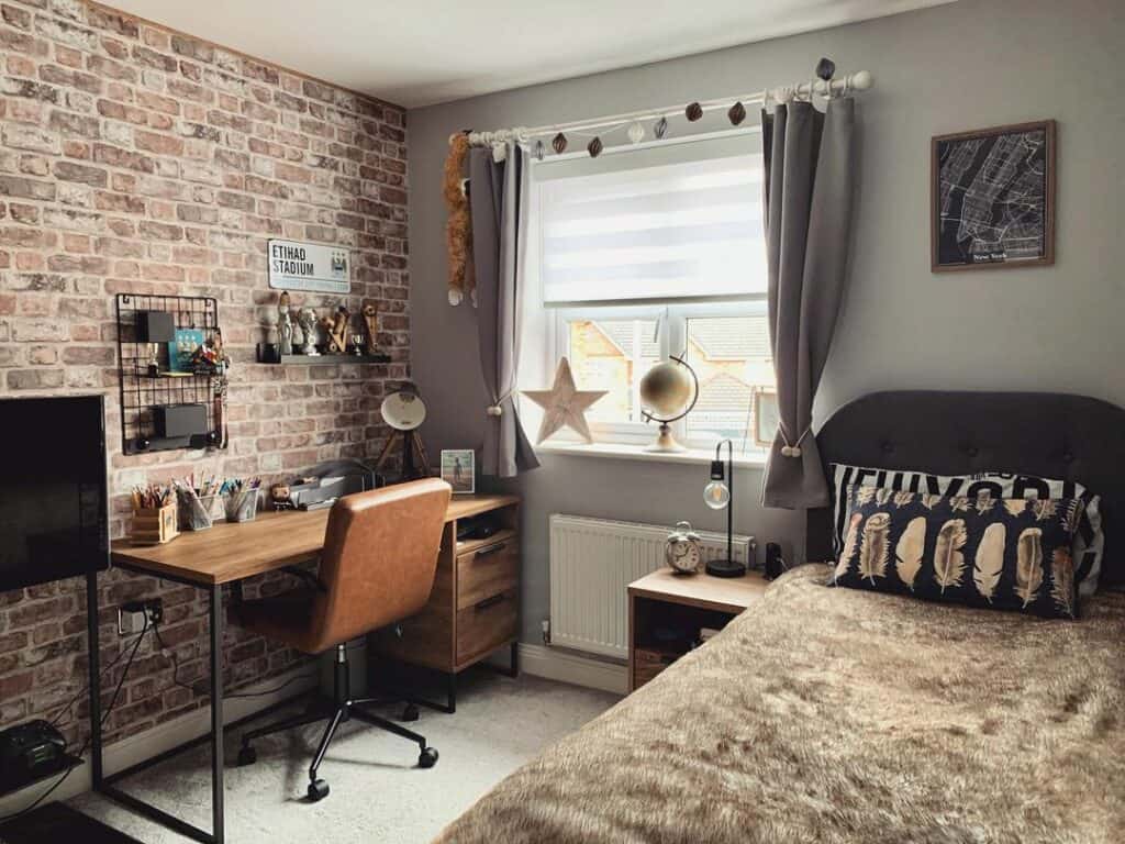 Brick Accent Wall in Boy's Small Bedroom