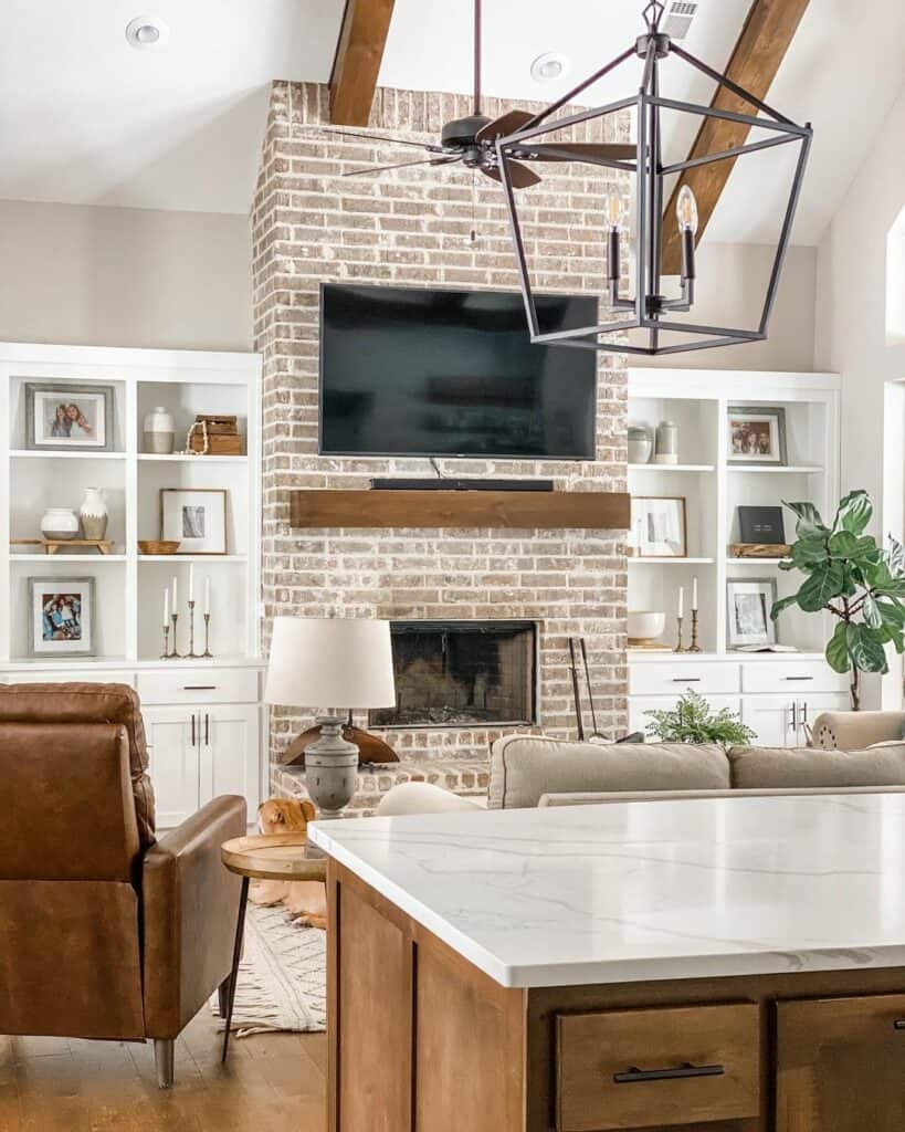 Brick Fireplace Wall with Wood Accents
