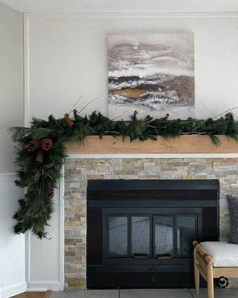 Brick Fireplace and White Beadboard Wainscoting