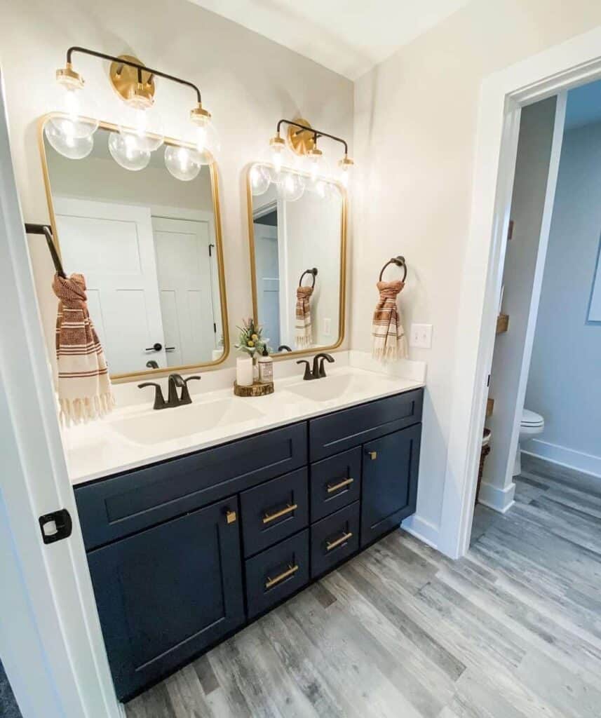 Bright Bathroom with Navy Double Vanity - Soul & Lane