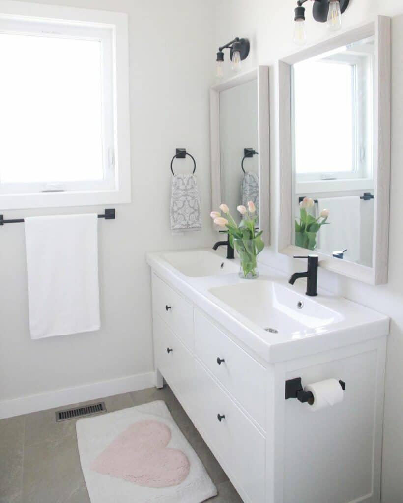 Bright Farmhouse Bathroom with Double Vanity