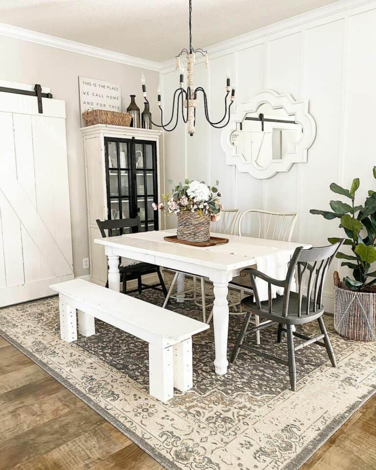 Bright Farmhouse Dining Room with Floral Bouquet