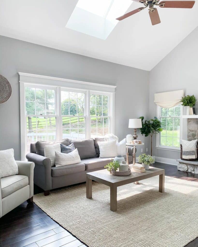 Bright Gray Living Room With White Window Trim