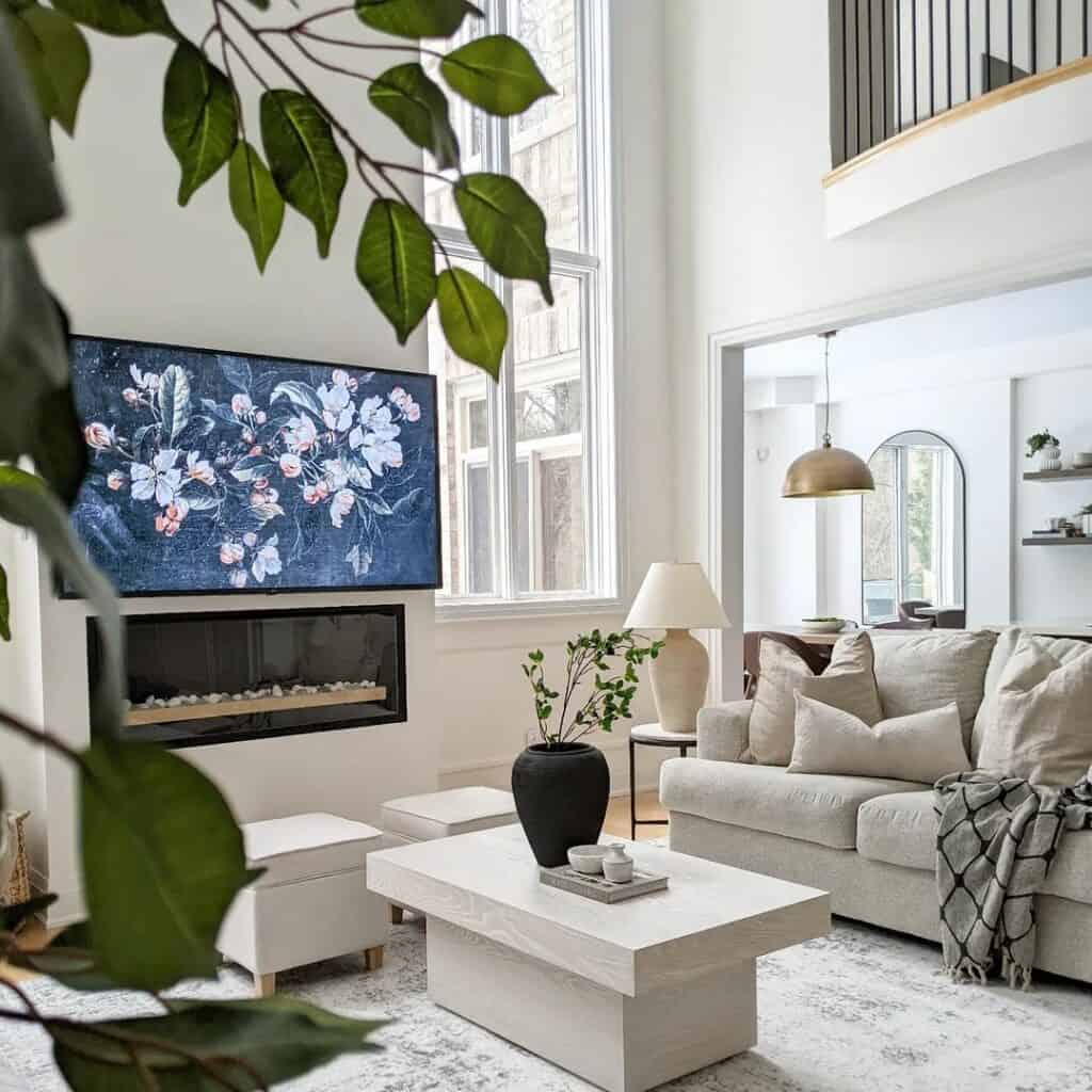 Bright Living Room With Large TV Over Sleek Fireplace