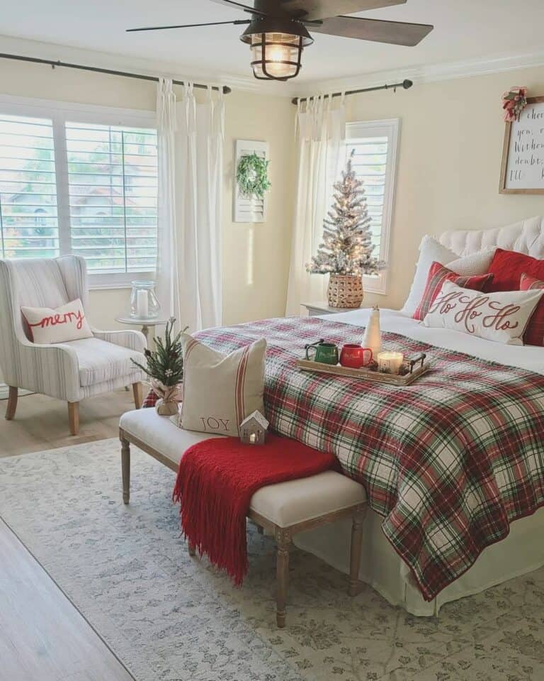 Bright White Christmas Bedroom with Plaid Accents