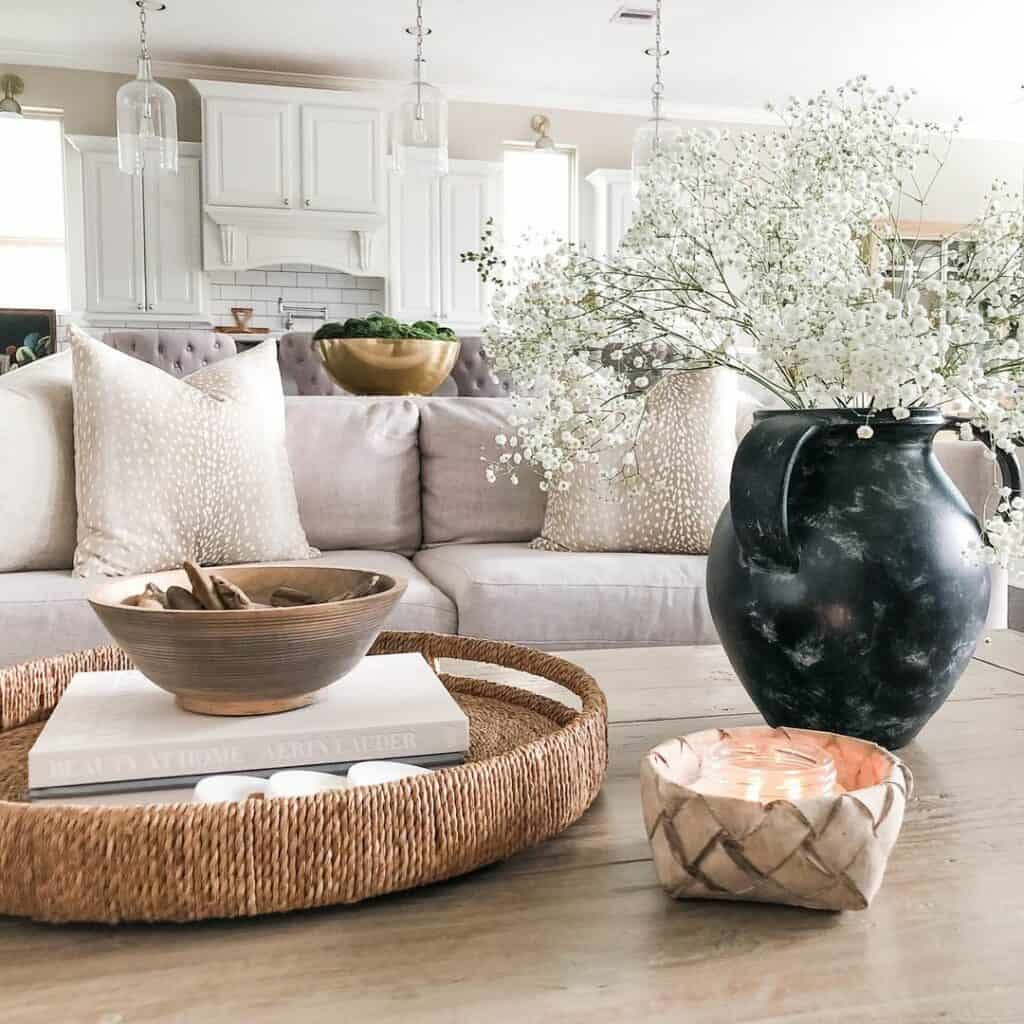 Brown Bowl in a Round Rattan Tray