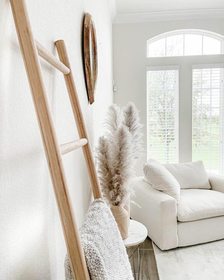 Brown Ladder Blanket Storage in White Living Room