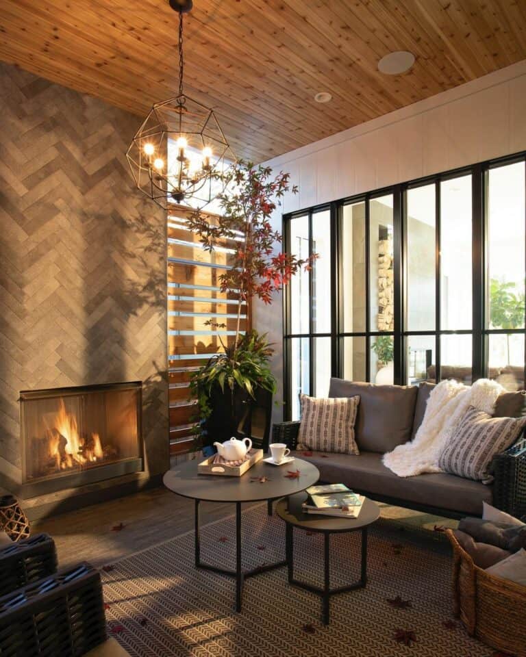 Brown Living Room With Wood Ceiling
