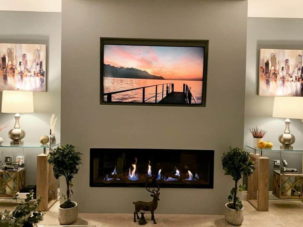 Brown Reindeer Décor and a Linear Gas Fireplace
