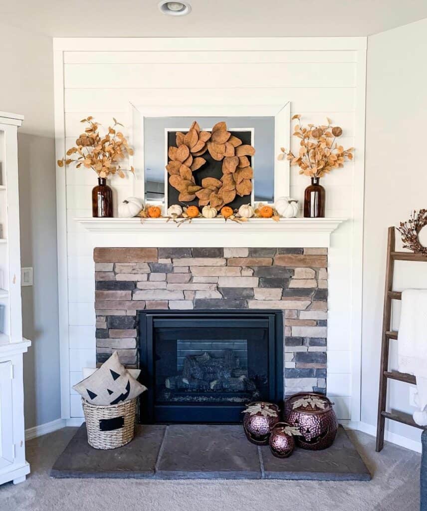 Brown-leaf Wreath Above Fireplace