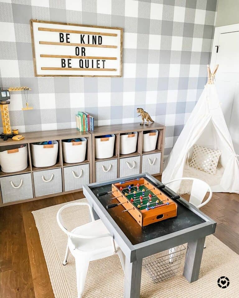 Buffalo Plaid Feature Wall in Neutral Playroom
