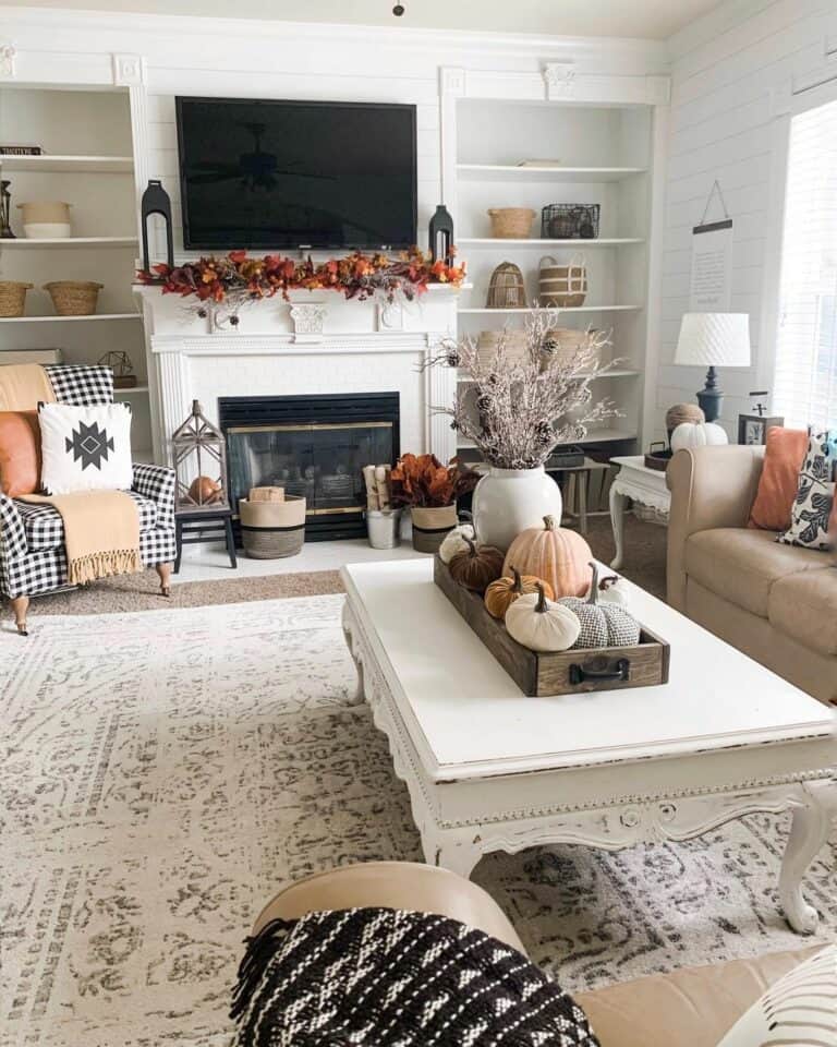 Built-in Farmhouse Shelves with Tan Basket Decor