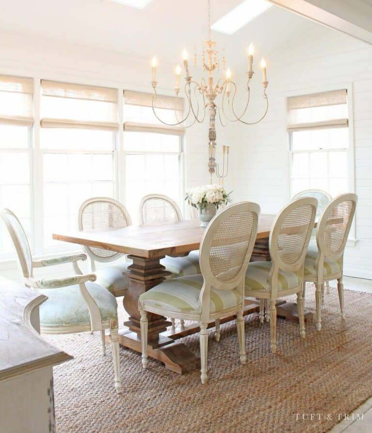 Chic Farmhouse Dining Room With Woven Jute Rug