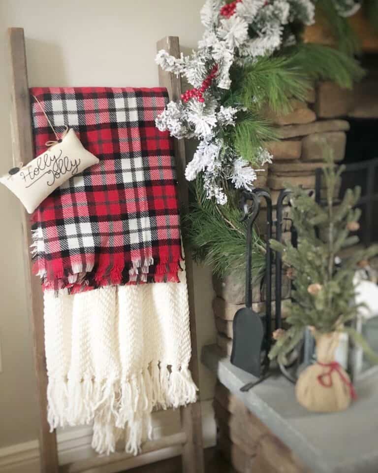Christmas Blanket Ladder by Fireplace