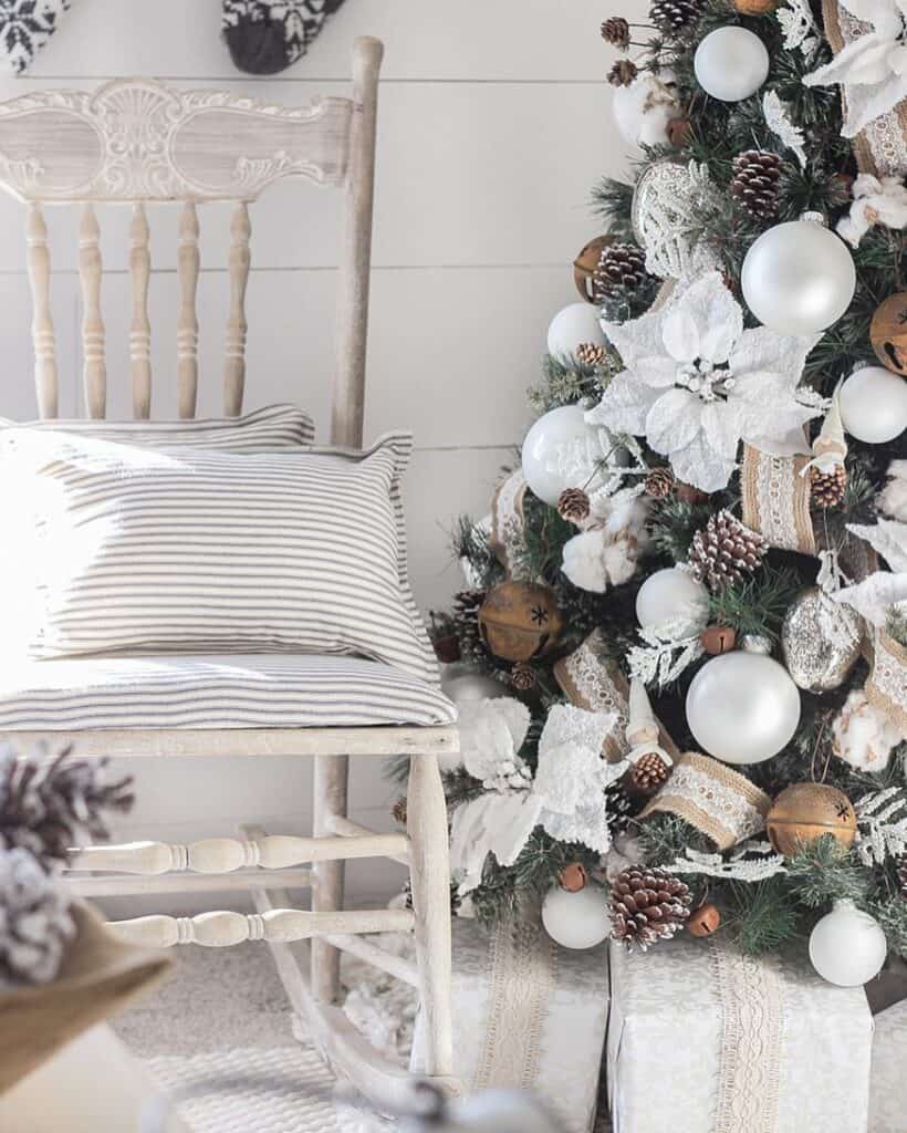 Christmas Burlap Ribbon and White Ornaments