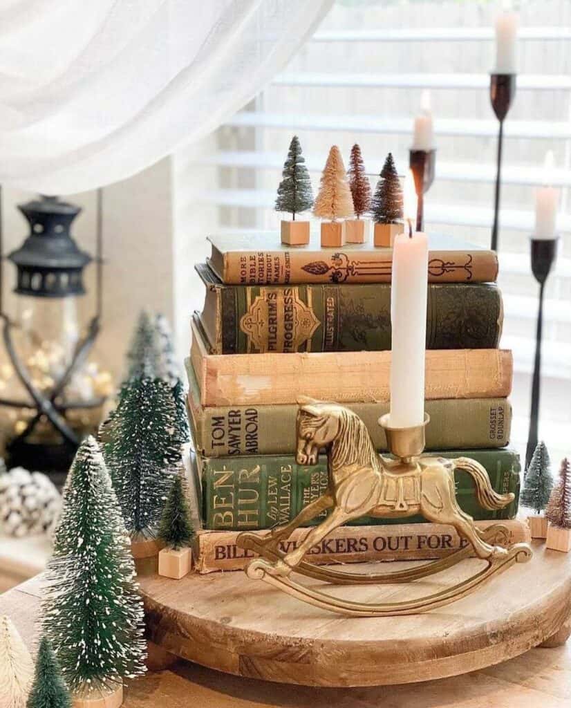 Christmas Centerpiece with Vintage Book Stack