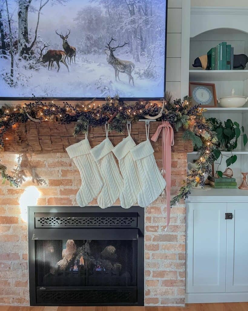 Christmas Garland Mantel with Red-Brick Fireplace