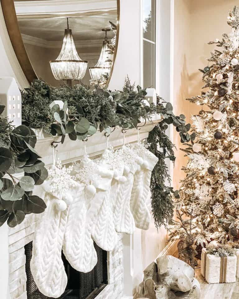 Christmas Garland Mantel with White Stockings