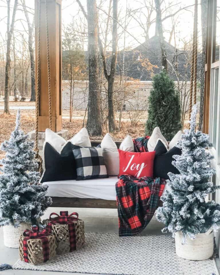 Christmas Porch Décor with Black and White Plaid Accents