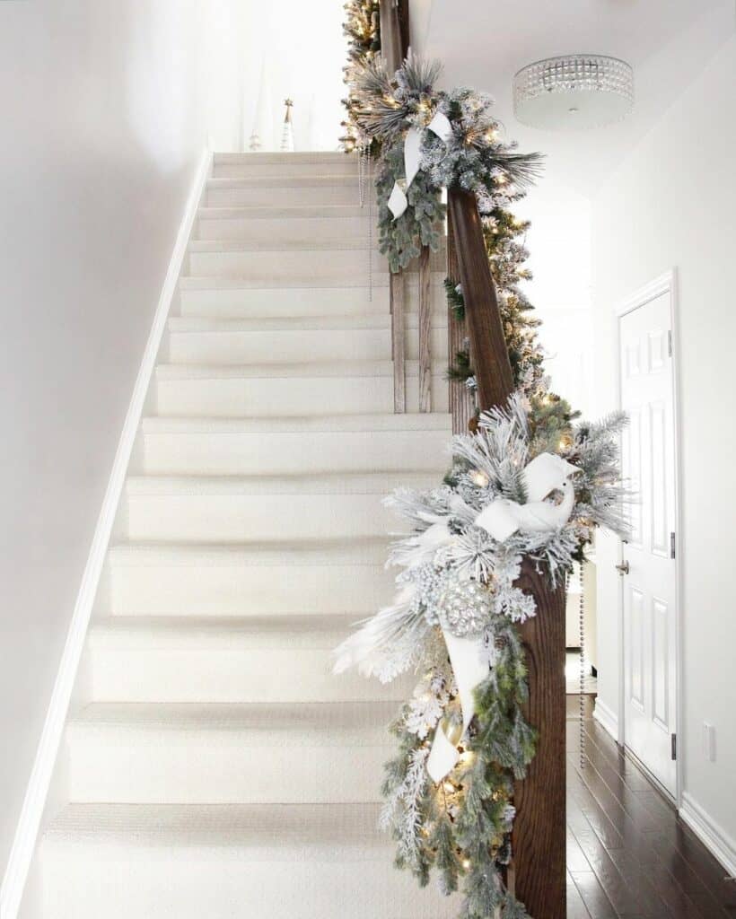 Christmas Staircase Garland with Flocked Branches
