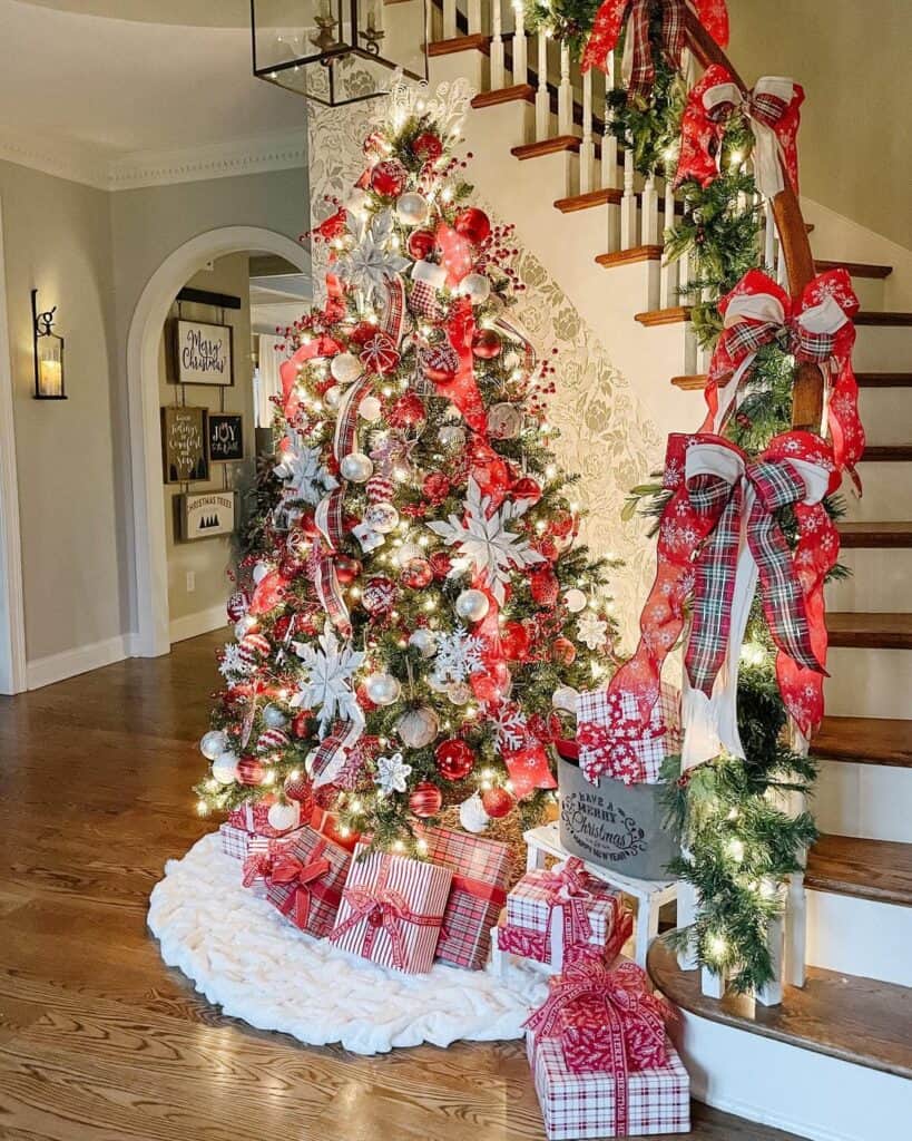 Christmas Tree and Stairway with Red Bows