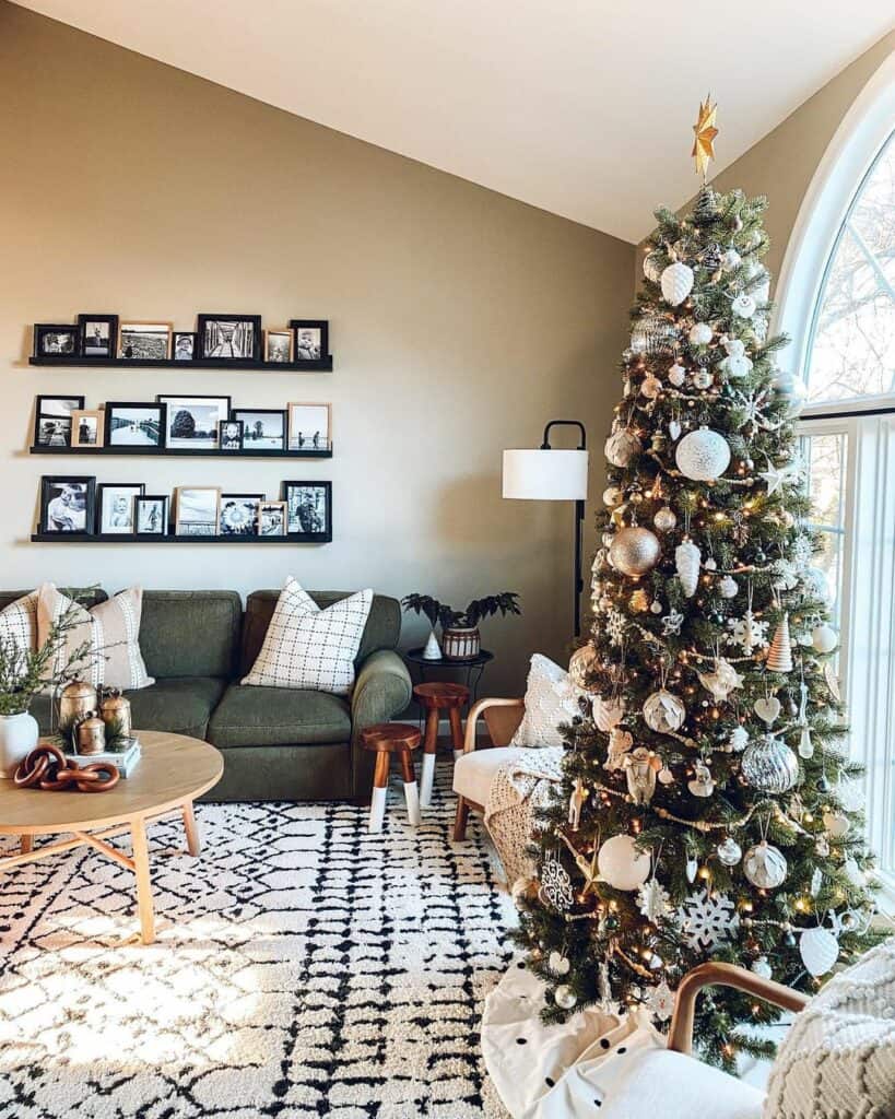 Christmas Tree with Snowflake Ornaments in a Neutral Living Room