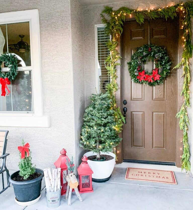 Christmas Wreath on Brown Front Door With Sidelights