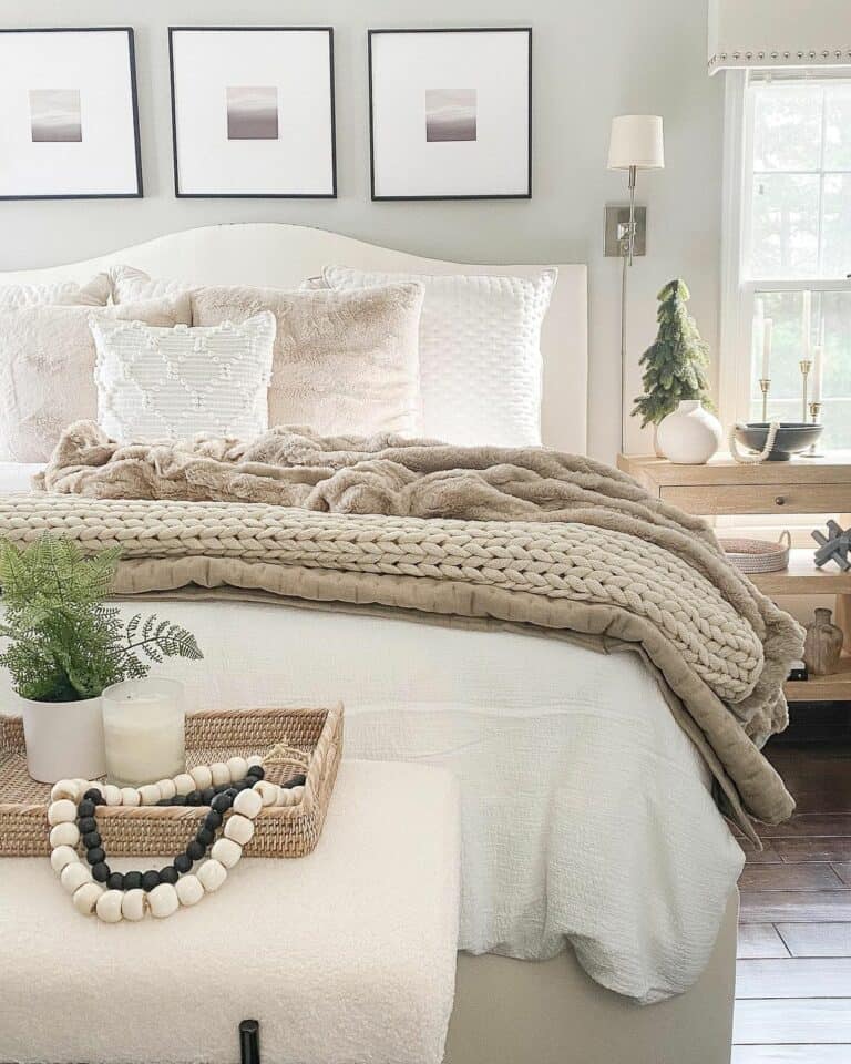 Chunky Beige Blanket on a White Comforter