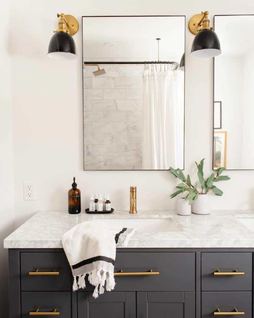 Classy Double Vanity with Navy and Gold Accents