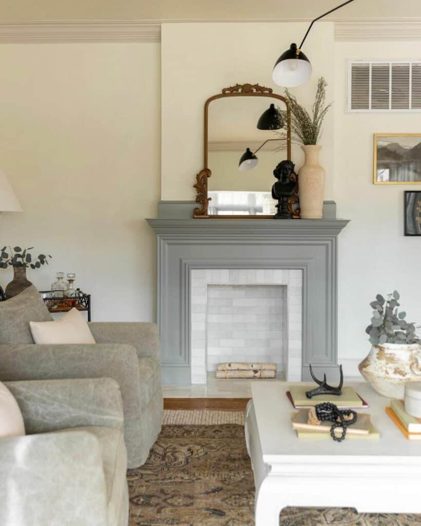 Classy Gray Faux Fireplace in Living Room