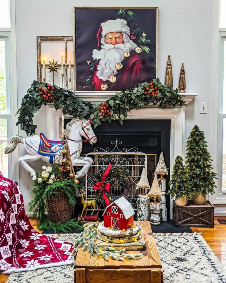 Colorful Christmas Garland Mantel with Carousel Horse