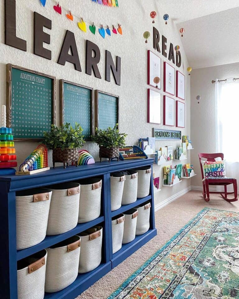 Colorful Playroom with Blue Toy Organizer Shelves