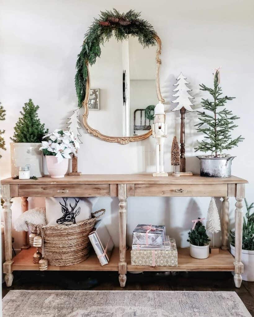 Console Table with Wooden Christmas Decorations