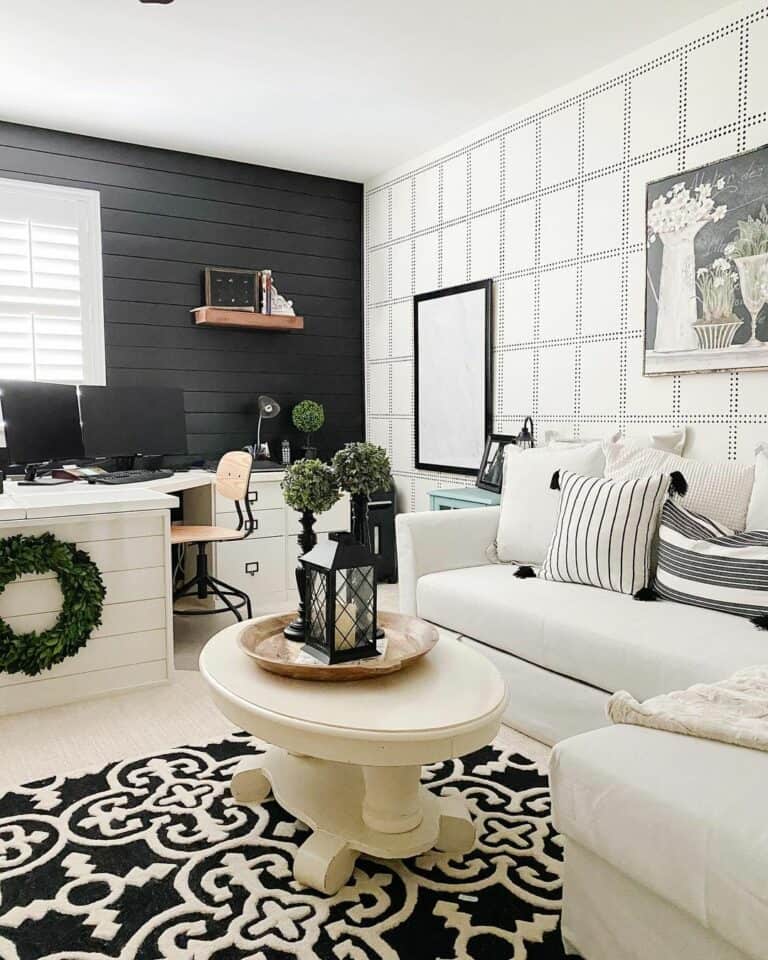 Contrasting Stenciled and Shiplap Office Space