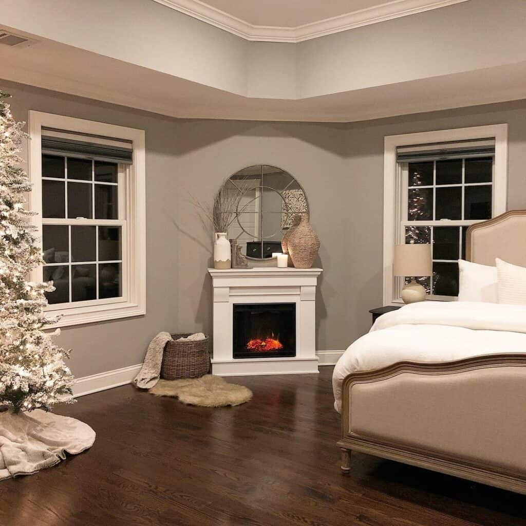 Contrasting White Fireplace in Taupe Living Room